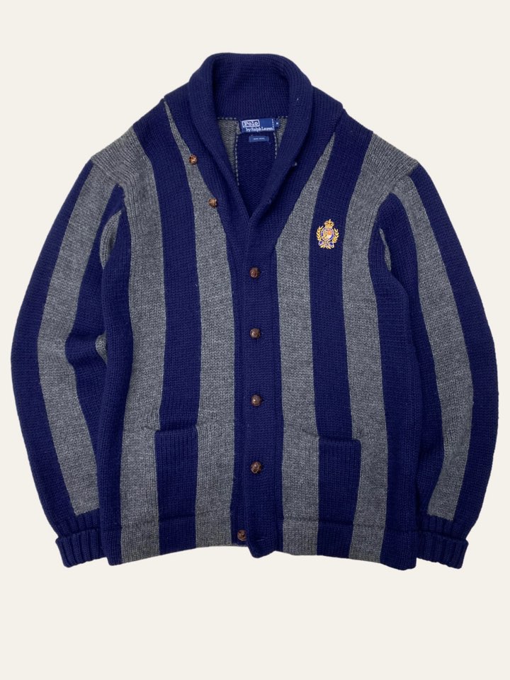 Polo ralph lauren 90&#039;s crest embroidery stripe shawl collar cardigan M