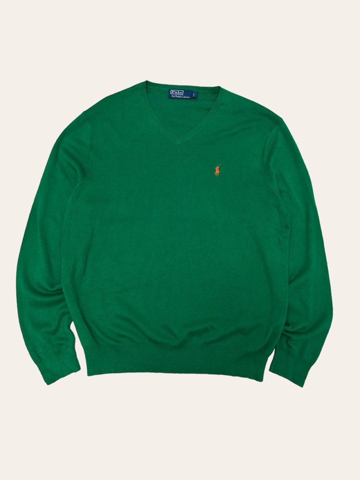 (From USA)Polo ralph lauren green pima cotton v-neck sweater L