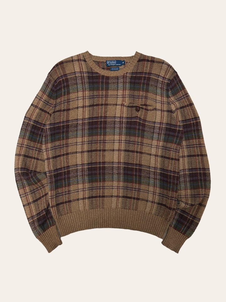 Polo ralph lauren brown check cashmere blend elbow patched sweater M