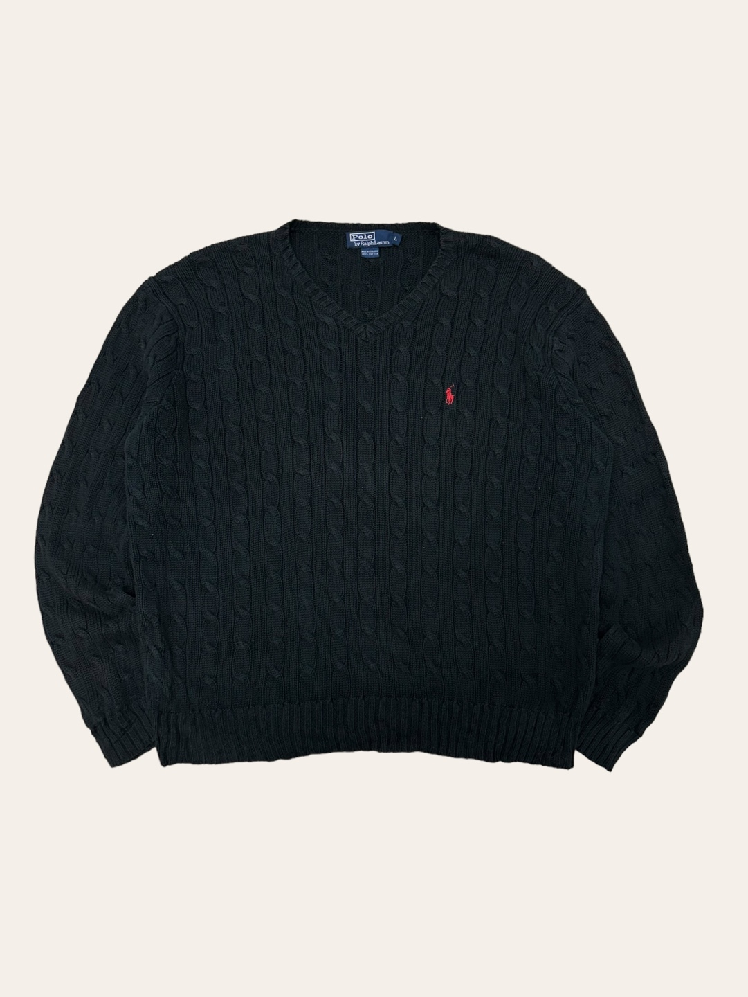 (From USA)Polo ralph lauren black cotton cable v-neck sweater L