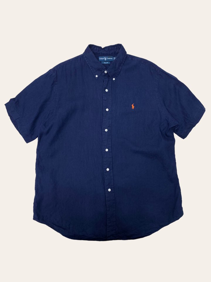 (From USA)Polo ralph lauren navy linen short sleeve shirt L