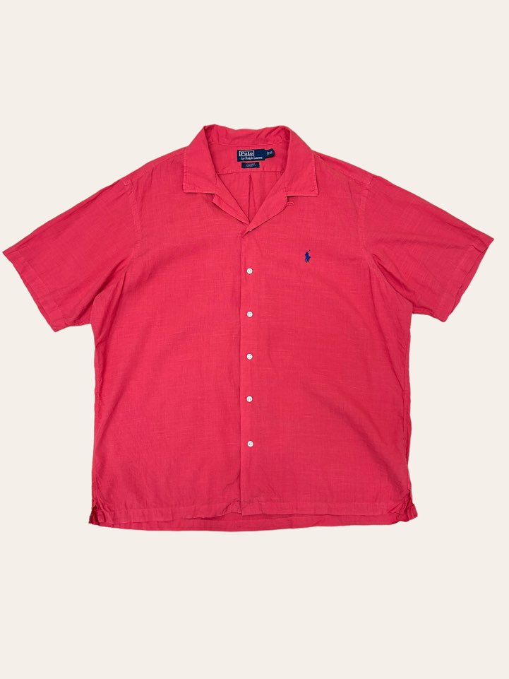 (From USA)Polo ralph lauren coral color open collar short sleeve linen shirt XL
