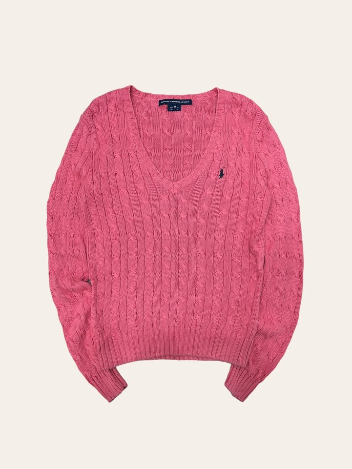 (여성용)Ralph lauren sport coral pink cotton v-neck cable sweater M