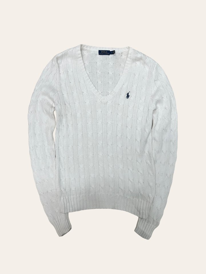 (여성용)Polo ralph lauren white v-neck cotton cable sweater S