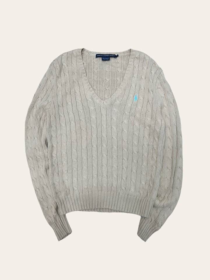 (여성용)Ralph lauren sport beige v-neck cotton cable sweater L