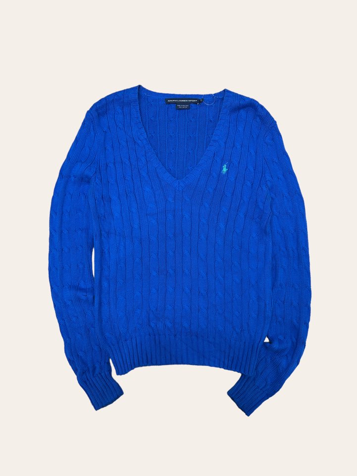 (여성용)Ralph lauren sport ocean blue v-neck cotton cable sweater M