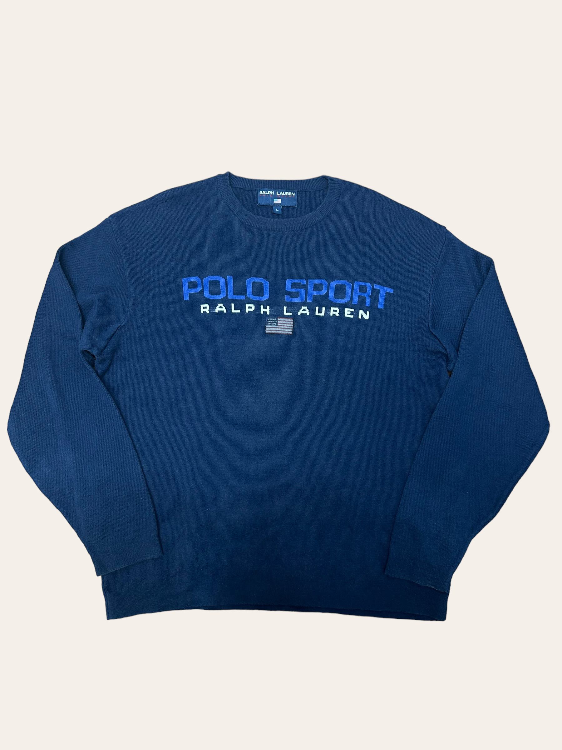 POLO SPORT navy 90&#039;s cotton spell out usa flag sweater L
