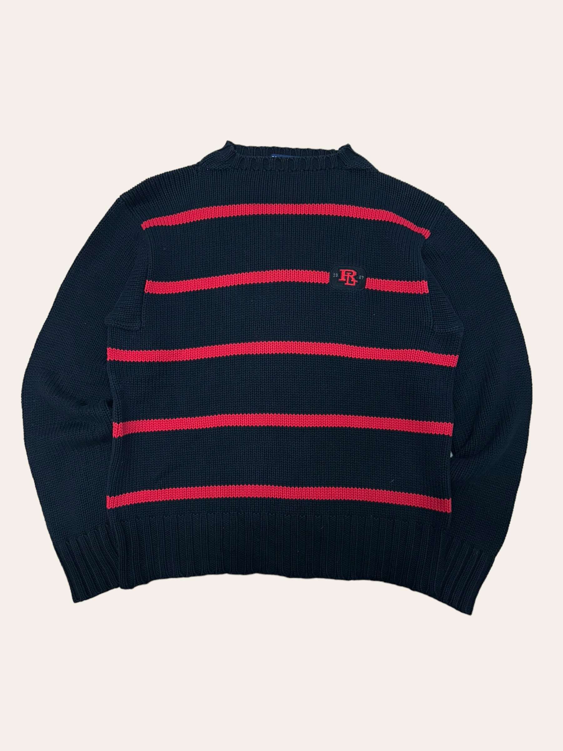 POLO SPORT 90&#039;s black/red stripe RL patched cotton sweater 100