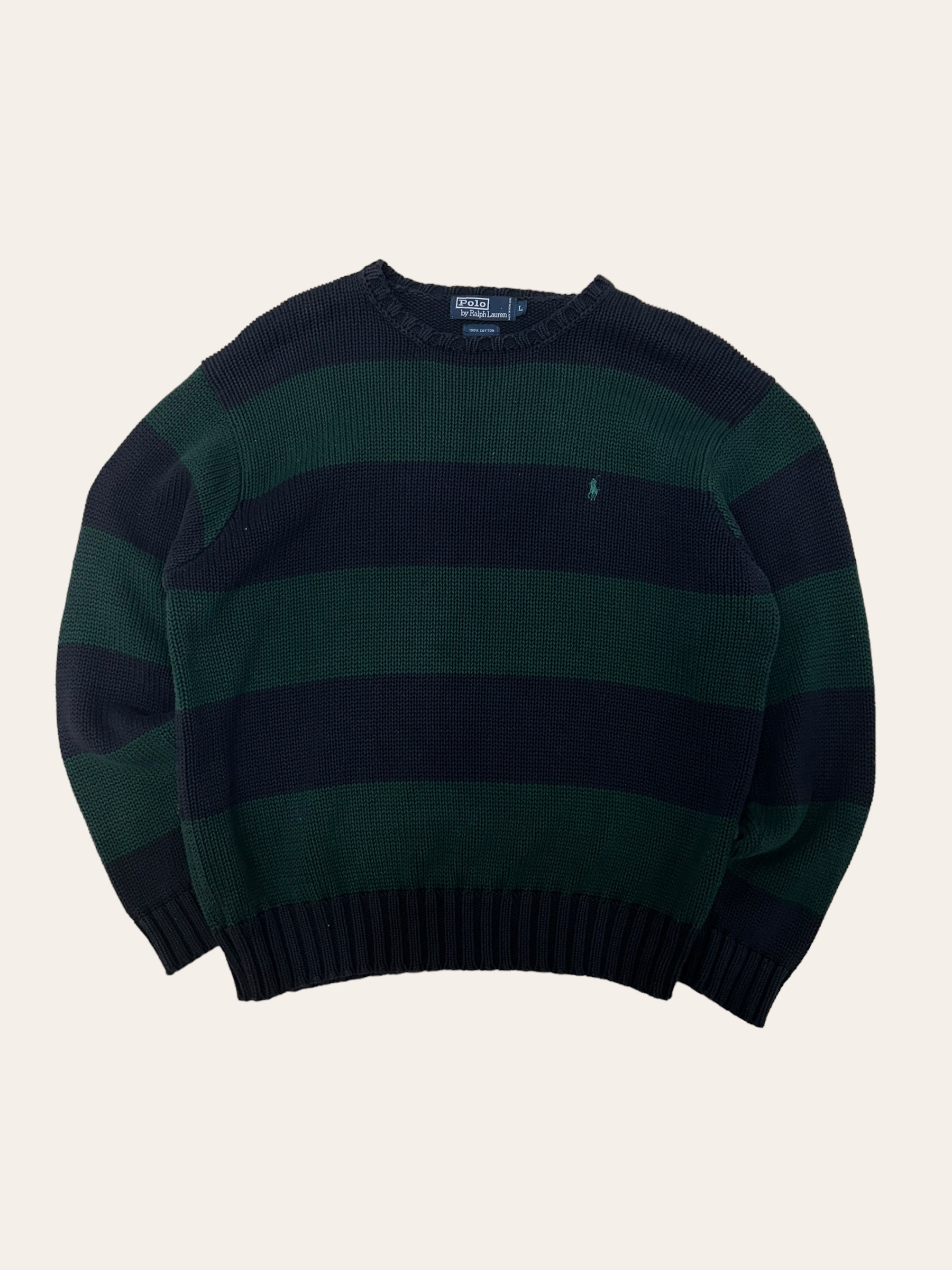 Polo ralph lauren green/navy stripe cotton sweater L
