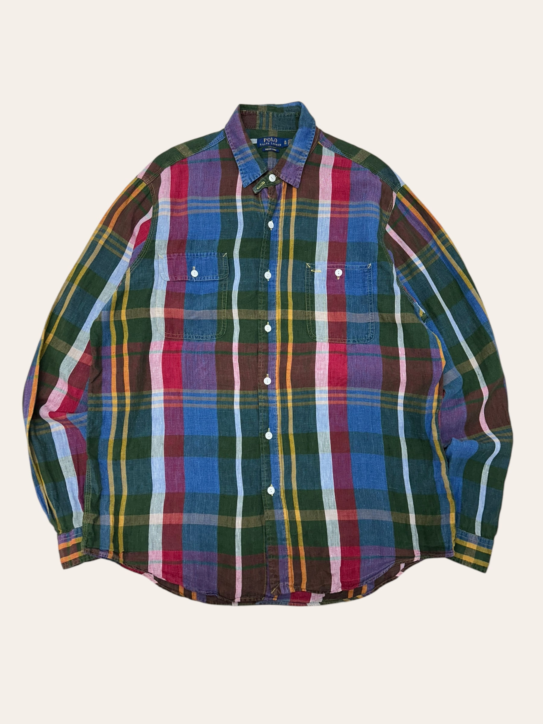 Polo ralph lauren multicolor madras check indigo linen work shirt XL