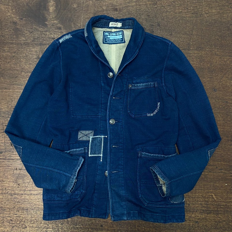 Avirex indigo blue cotton patchwork shawl collar deck jacket M